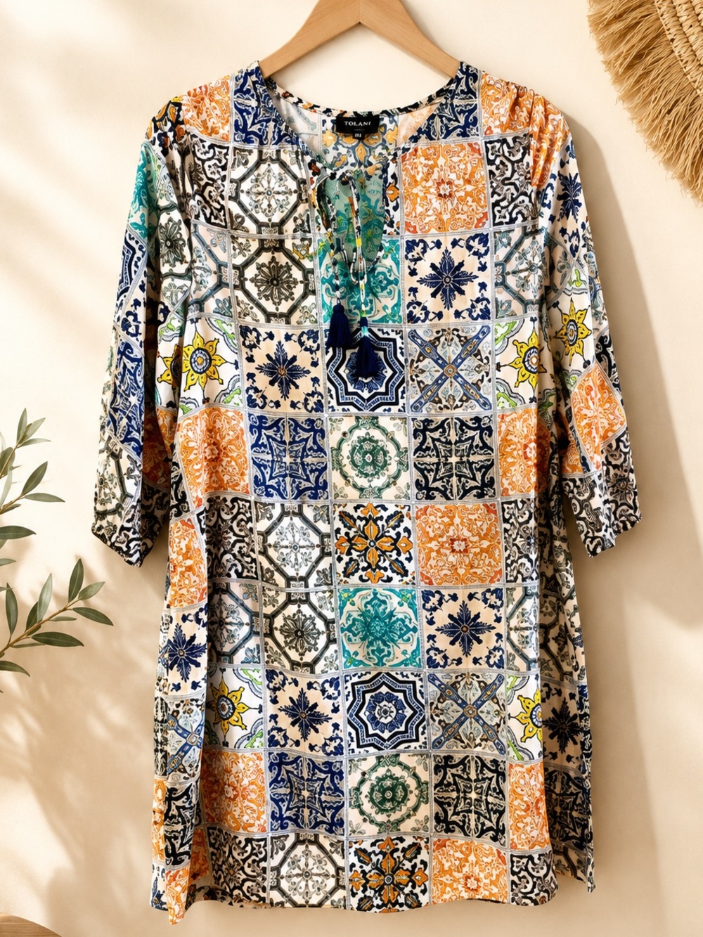 Tolani Multi Color Tile-Print Patchwork Tunic Boho shift dress size XS